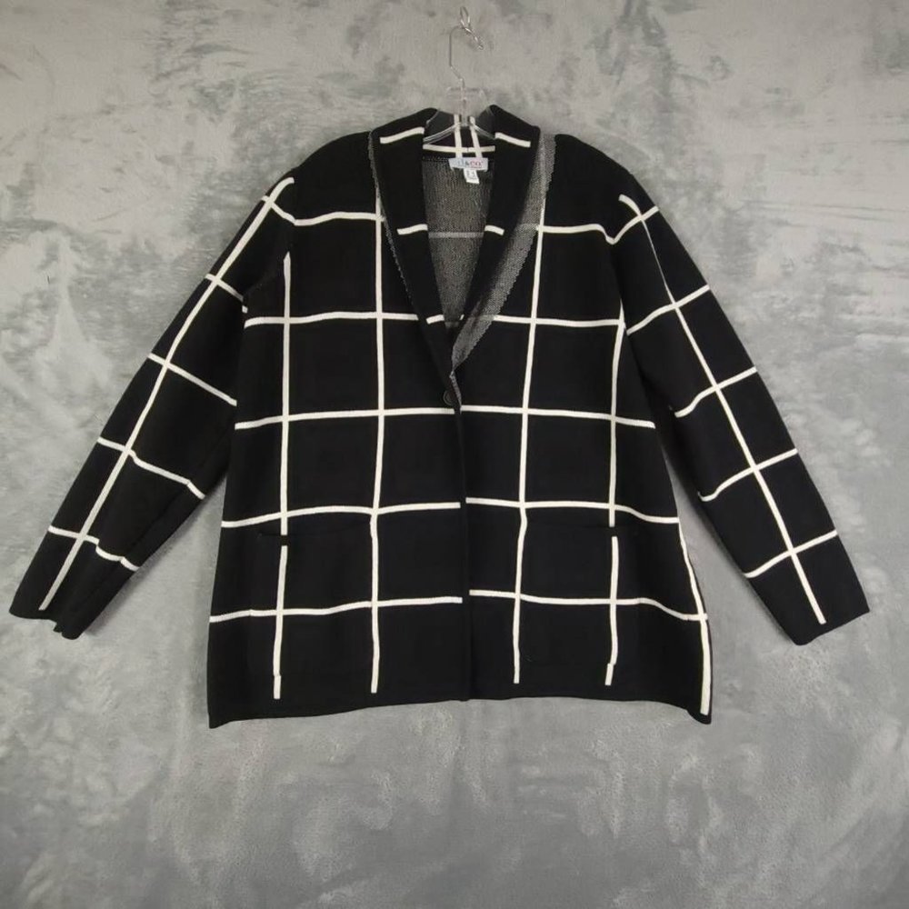 Denim & Co. Womens Sweatercoat Jacquard One Button Black‎ Collar Pockets L New